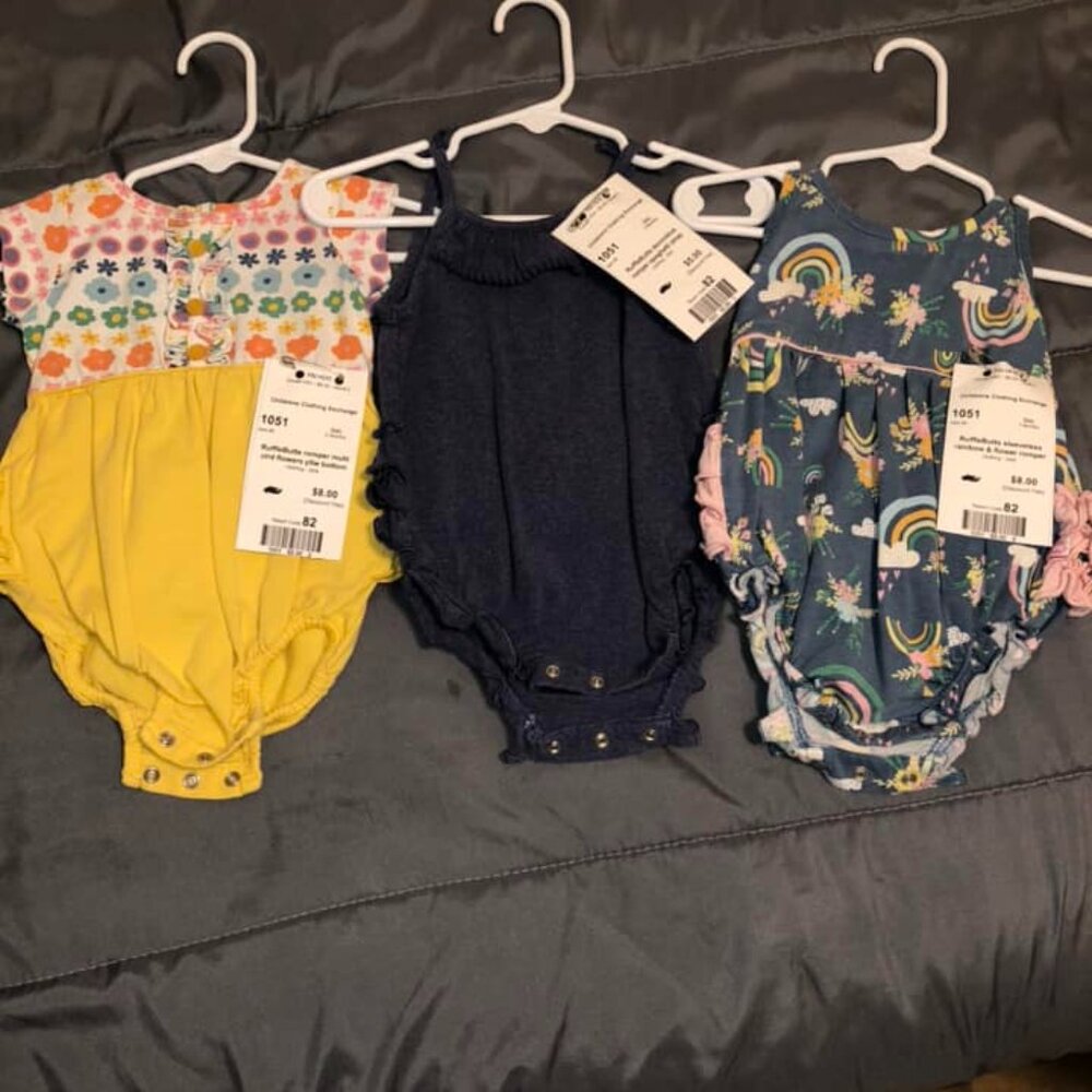 (3) 3M, Ruffle Butts Rompers, $22.00 for all three outfits.
